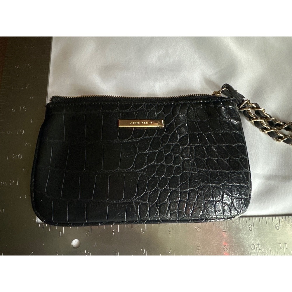 Anne Klein Black Croc Embossed Wristlet Pouch Gold Tone Chain Strap Clutch